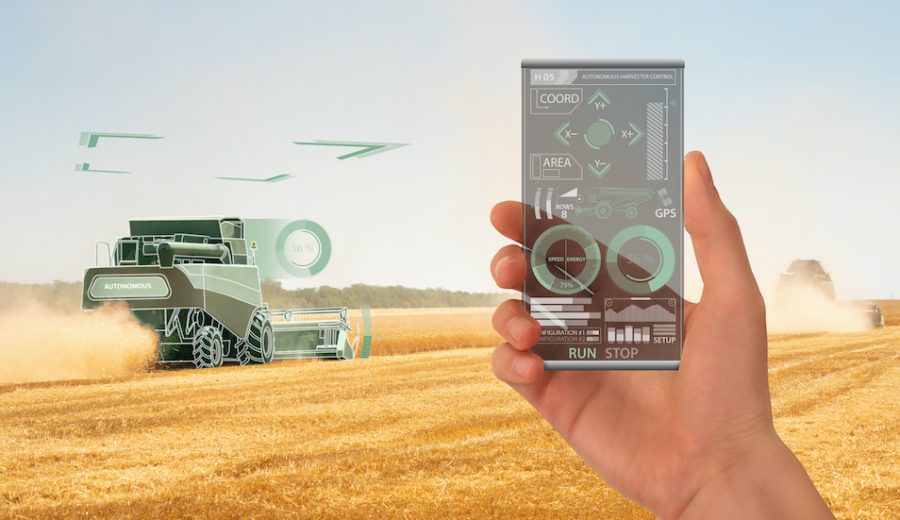 Farmer uses a futuristic transparent smartphone to control autonomous harvester. Smart farming concept.