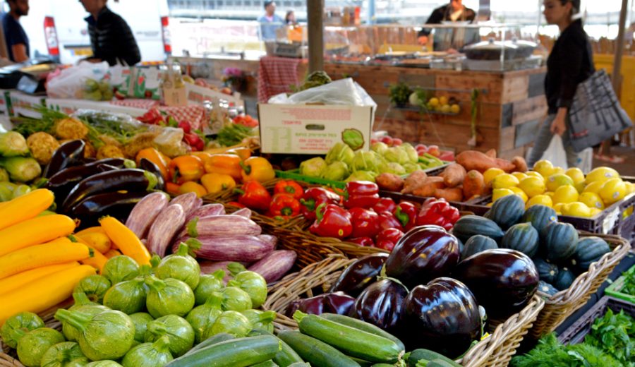 TEL AVIV, ISR - MAR 27 2015:Fresh vegetables for sale in Shuk HaNamal Market in Tel Aviv port Israel.It's a food and produce market and the only fully covered of all Tel AvivÕs marketplaces.
